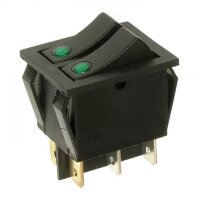 KCD4-2101E Выключатель 2-х клавишный прямоугольный 28.5х21.7мм 2 группы 6pin OFF-ON  15A 250V с подсветкой Зеленый