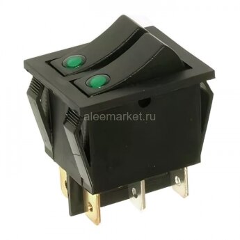 KCD4-2101E Выключатель 2-х клавишный прямоугольный 28.5х21.7мм 2 группы 6pin OFF-ON  15A 250V с подсветкой Зеленый