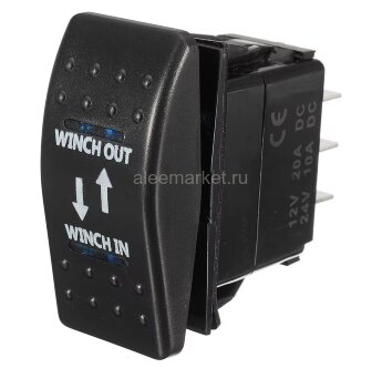 YJ Выключатель на три положения (ON)-OFF-(ON) без фиксации 7pin 2группы с двойной подсветкой для лебедки (рисунок Стрелки) Синий 12V 20A/24V 10А 