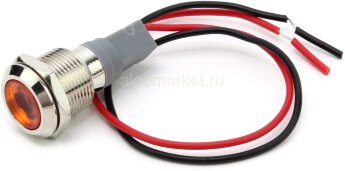 DX12D-D 12-24V Индикатор светодиодный антивандальный 12-24V в металлическом корпусе Ø12мм с проводом 15см крепится гайкой Желтый  