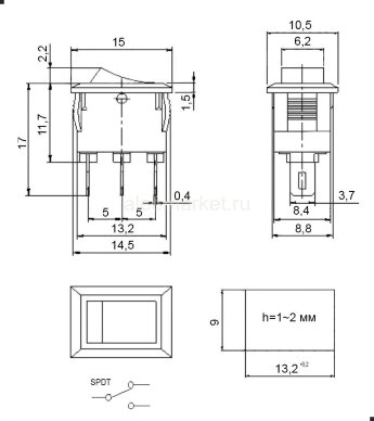 KCD5-101-GR/3P (SMRS-102-1) Выключатель клавишный малый перекидной 15x10,5mm 3pin ON-ON 220V 3A Серый