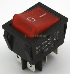 KCD4-202N-B-R/6P 30А Выключатель клавишный прямоугольный 2 группы 6pin ON-ON 30A 250V с подсветкой Красный 