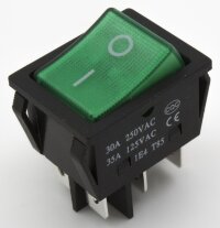 KCD4-202N-B-G/6P 30А Выключатель клавишный прямоугольный 2 группы 6pin ON-ON 30A 250V с подсветкой Зеленый 