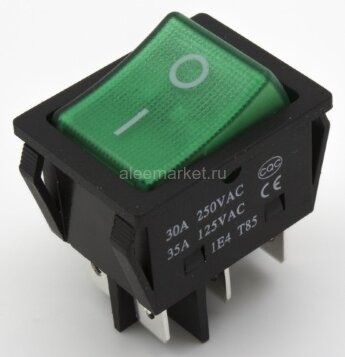 KCD4-202N-B-G/6P 30А Выключатель клавишный прямоугольный 2 группы 6pin ON-ON 30A 250V с подсветкой Зеленый 