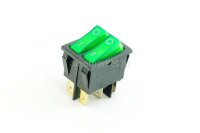 KCD4-2101N Выключатель 2-х клавишный прямоугольный 28.5х21.7мм 2 группы 6pin OFF-ON  15A 250V с подсветкой Зеленый