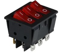KCD2-3101N Выключатель 3-х клавишный прямоугольный 3 группы 9pin OFF-ON  15A 250V с подсветкой Красный