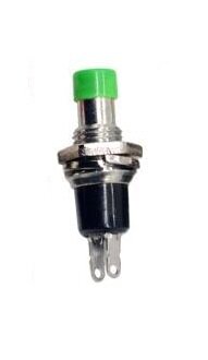 PBS-10B-2 Кнопка с металлическим корпусом круглая мини Ø7мм без фиксации 2pin OFF-(ON)  крепится гайкой 0.5A 250V Зеленая