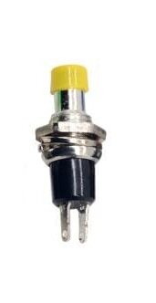PBS-10B-2 Кнопка с металлическим корпусом круглая мини Ø7мм без фиксации 2pin OFF-(ON)  крепится гайкой 0.5A 250V Желтая