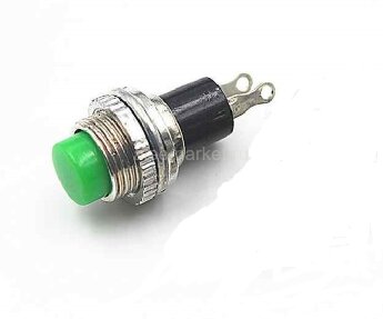 PBS-3С (DS-315) Кнопка с металлическим корпусом круглая мини Ø10мм без фиксации Размыкание 2pin ON-(OFF)  крепится гайкой сверху 0.5A 250V Зеленая