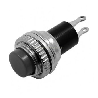 PBS-3С (DS-315) Кнопка с металлическим корпусом круглая мини Ø10мм без фиксации Размыкание 2pin ON-(OFF)  крепится гайкой сверху 0.5A 250V Черная