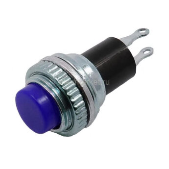 PBS-3С (DS-315) Кнопка с металлическим корпусом круглая мини Ø10мм без фиксации Размыкание 2pin ON-(OFF)  крепится гайкой сверху 0.5A 250V Синяя