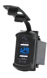 №30  Гнездо на 2-а USB 5V 4.2A  2.1А+2.1А с Вольтметром  Синий прямоугольное