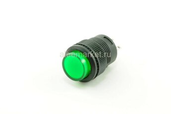 R16-504ВD Кнопка круглая Ø16мм 4pin без фиксации OFF-(ON) крепится гайкой с подсветкой 3V светодиод Зеленый