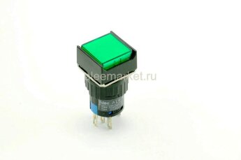 A16-11SF Кнопка квадратная с круглой посадкой Ø16мм 5pin с фиксацией C-NO-NC крепится гайкой с подсветкой 220V светодиод Зеленый производство Китай
